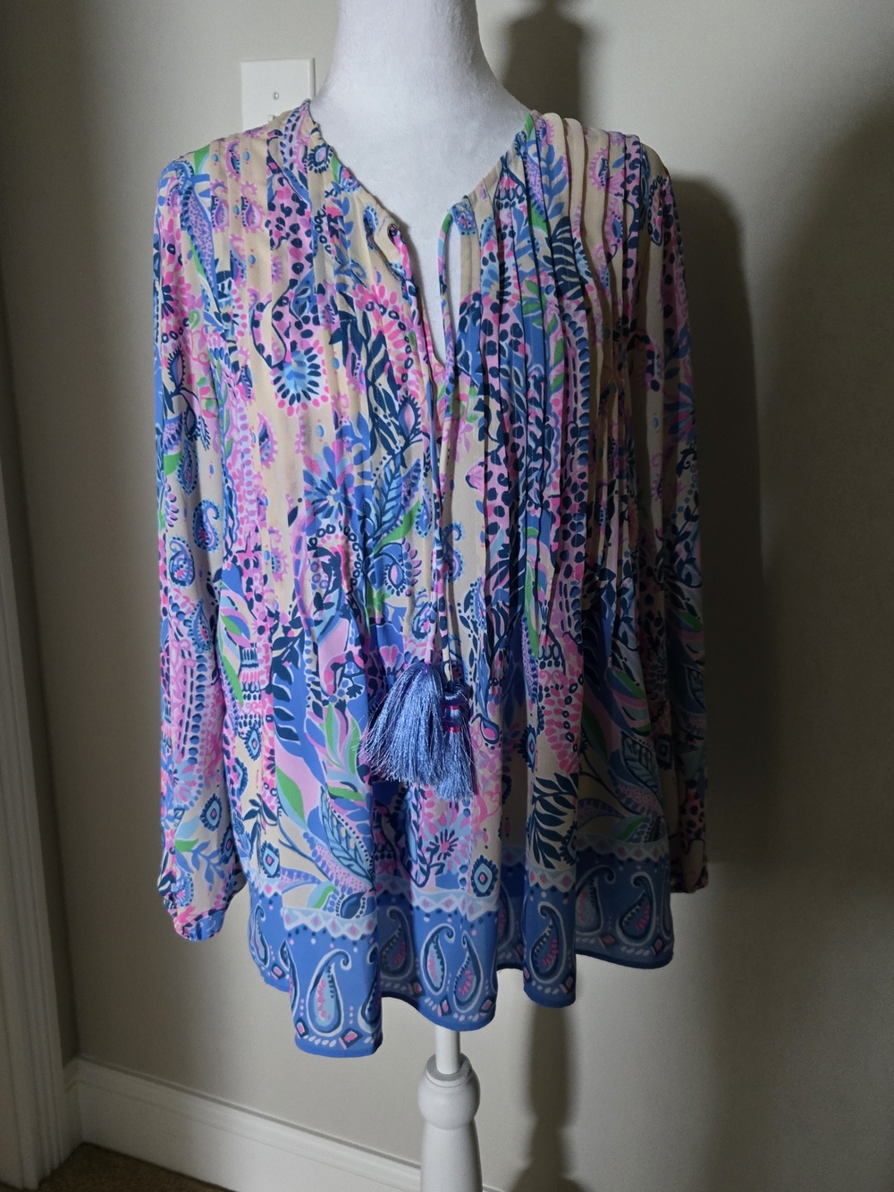Paisley Tassel Tie-Front Marilina Tunic in Pink & Blue. Size SM.